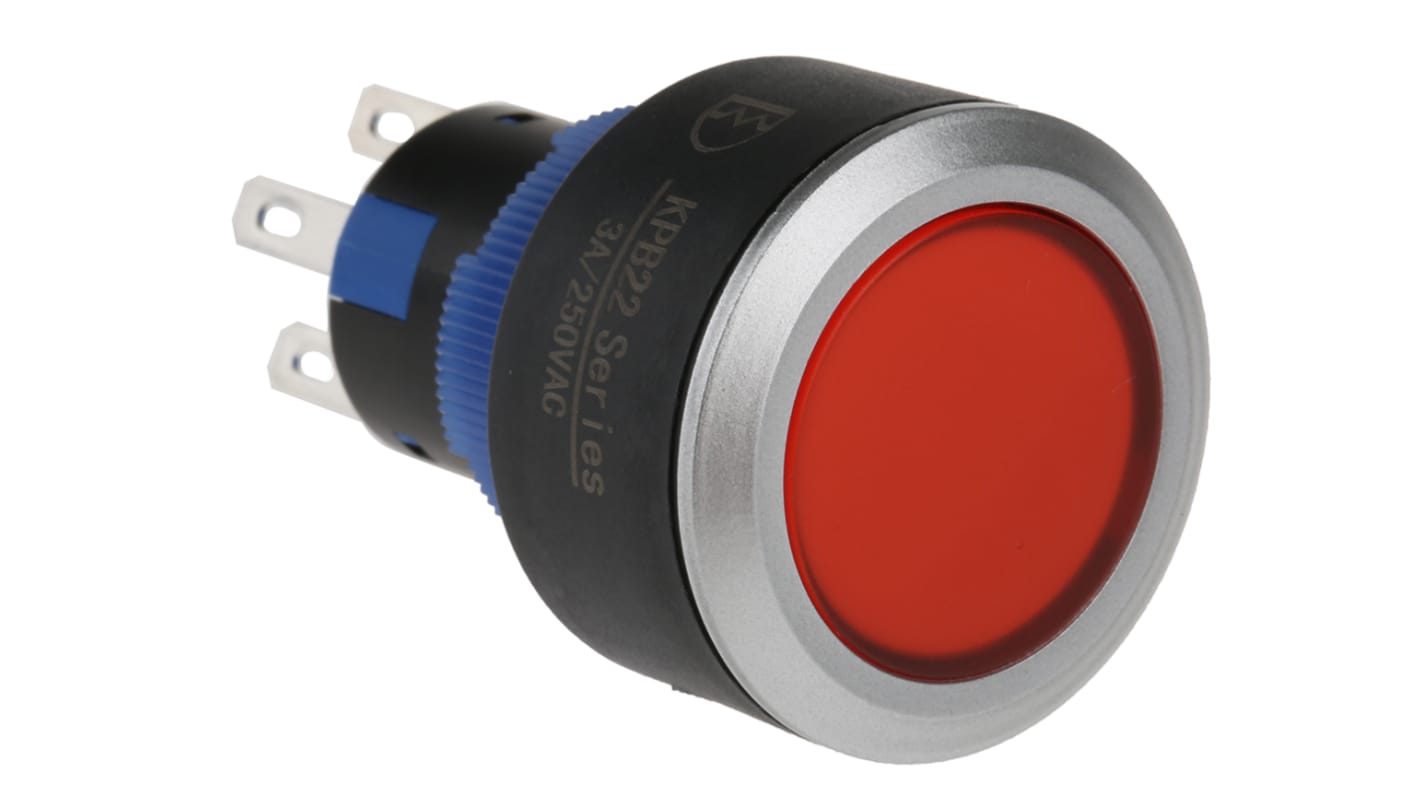 RS PRO 带灯按钮开关, Φ22.2mm开孔, 面板安装, 瞬时操作, 红色圆形, 红色LED, 单刀双掷, IP65