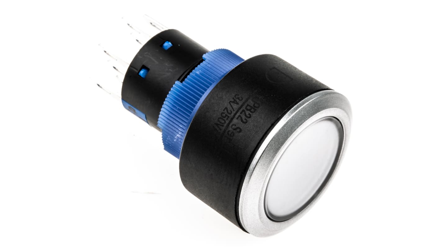 RS PRO 带灯按钮开关, Φ22.2mm开孔, 面板安装, 瞬时操作, 透明圆形, 蓝色LED, 双刀双掷, IP65