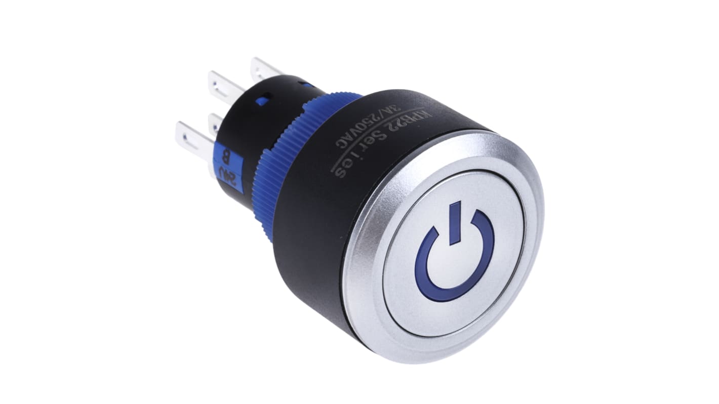 Interruptor de Botón Pulsador RS PRO, color de botón Plata, DPDT, 3 A, 5 A, 250V ac, Montaje en Panel, IP65, iluminado,