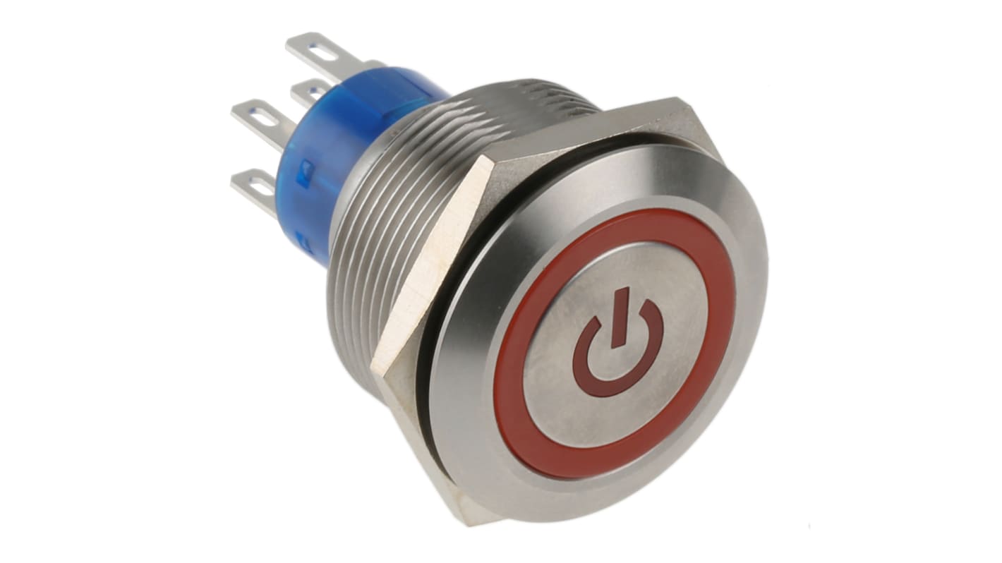 RS PRO Illuminated Push Button Switch, Momentary, Panel Mount, 25.2mm Cutout, DPDT, Red LED, 250V ac, IP67