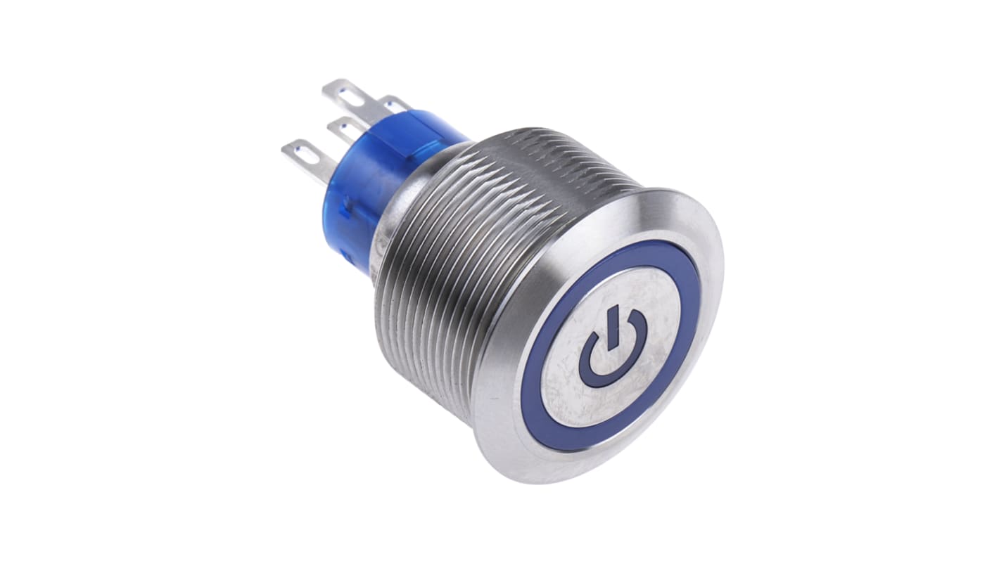 RS PRO Illuminated Push Button Switch, Panel Mount, 25.2mm Cutout, SPDT, Blue LED, 250V ac, IP67