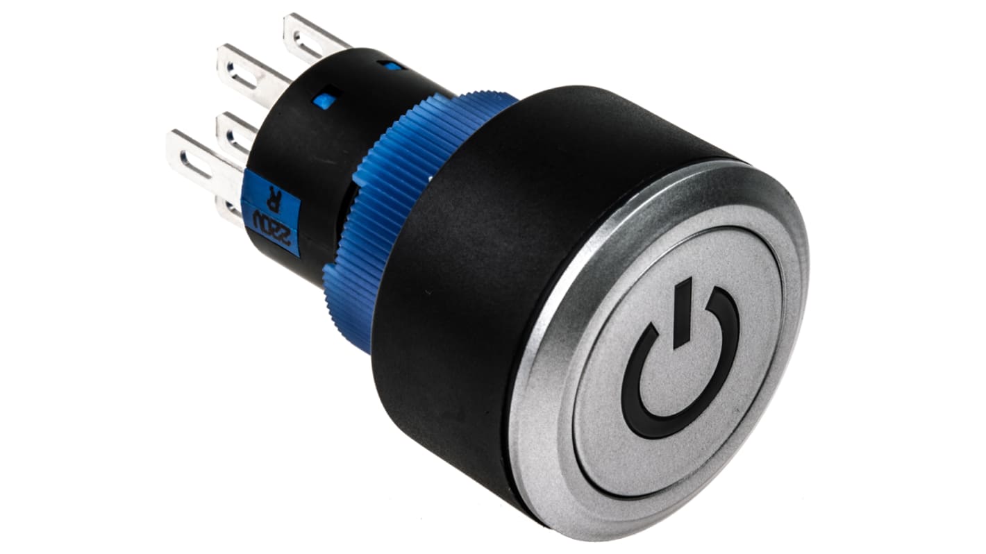 RS PRO Illuminated Push Button Switch, Panel Mount, 22.2mm Cutout, DPDT, Red LED, 250V ac, IP65