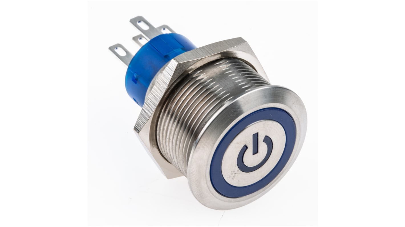 RS PRO Illuminated Push Button Switch, Panel Mount, 22.2mm Cutout, SPDT, Blue LED, 250V ac, IP67