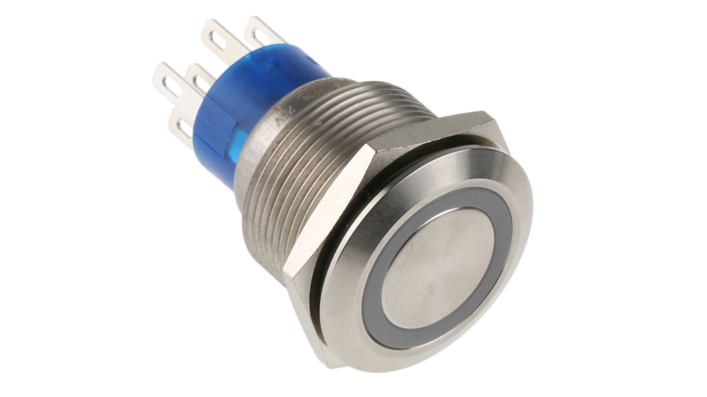 RS PRO Illuminated Push Button Switch, Momentary, Panel Mount, 22.2mm Cutout, DPDT, Green LED, 250V ac, IP67