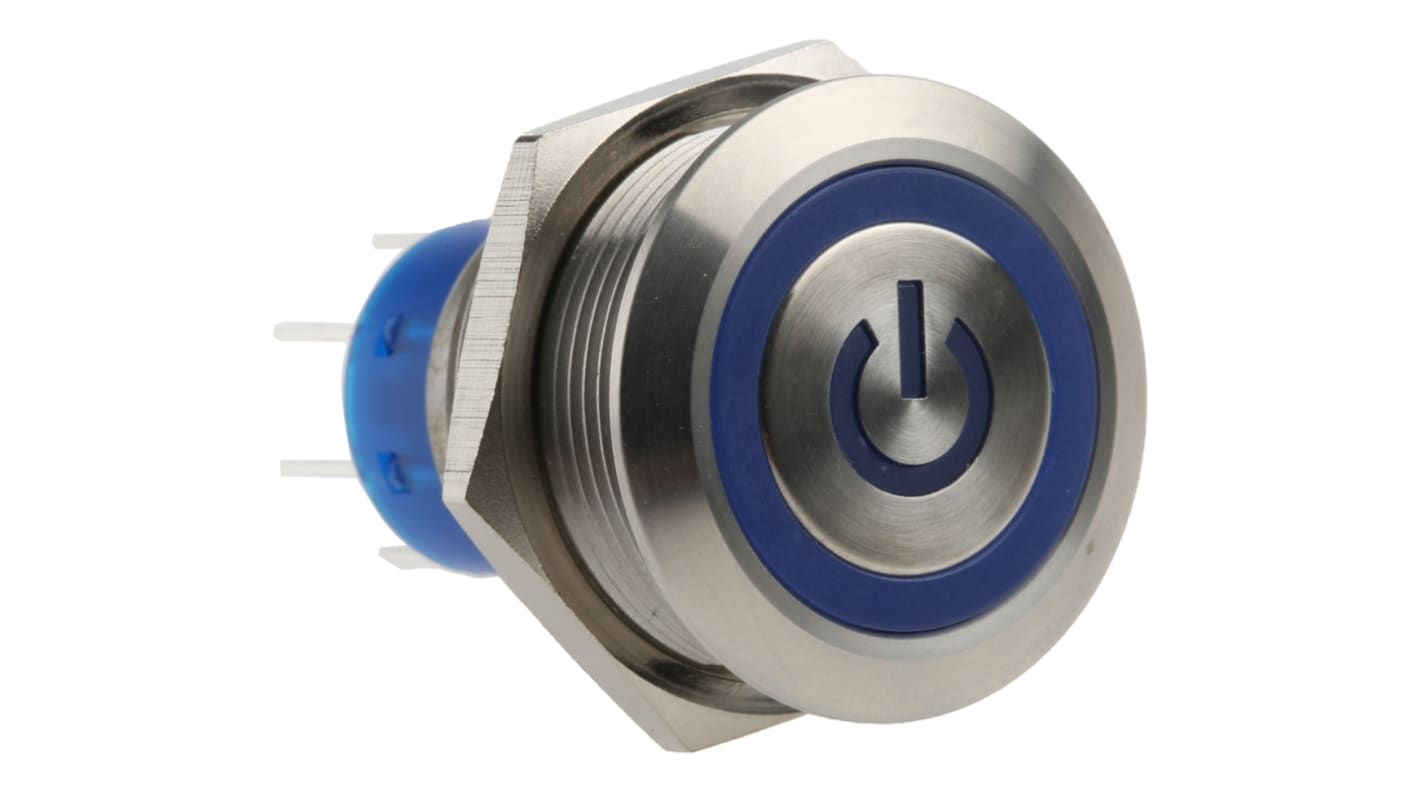 RS PRO Illuminated Push Button Switch, Momentary, Panel Mount, 22.2mm Cutout, DPDT, Blue LED, 250V ac, IP67