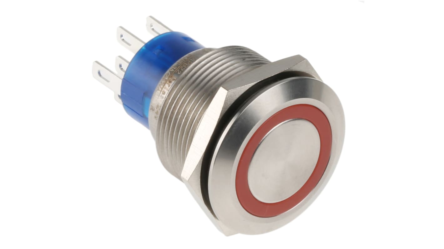 RS PRO Illuminated Push Button Switch, Momentary, Panel Mount, 22.2mm Cutout, DPDT, Red LED, 250V ac, IP67