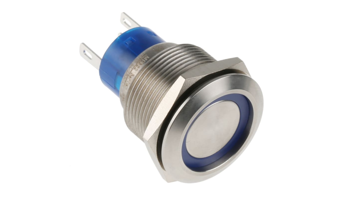 RS PRO Illuminated Push Button Switch, Panel Mount, 22.2mm Cutout, SPDT, Blue LED, 250V ac, IP67