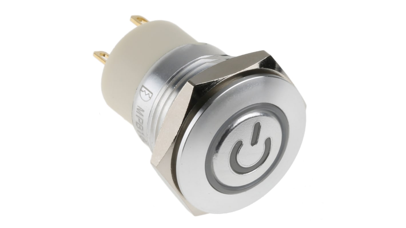 RS PRO Illuminated Push Button Switch, Latching, Panel Mount, 16mm Cutout, SPST, Blue, White LED, 36V dc, IP67