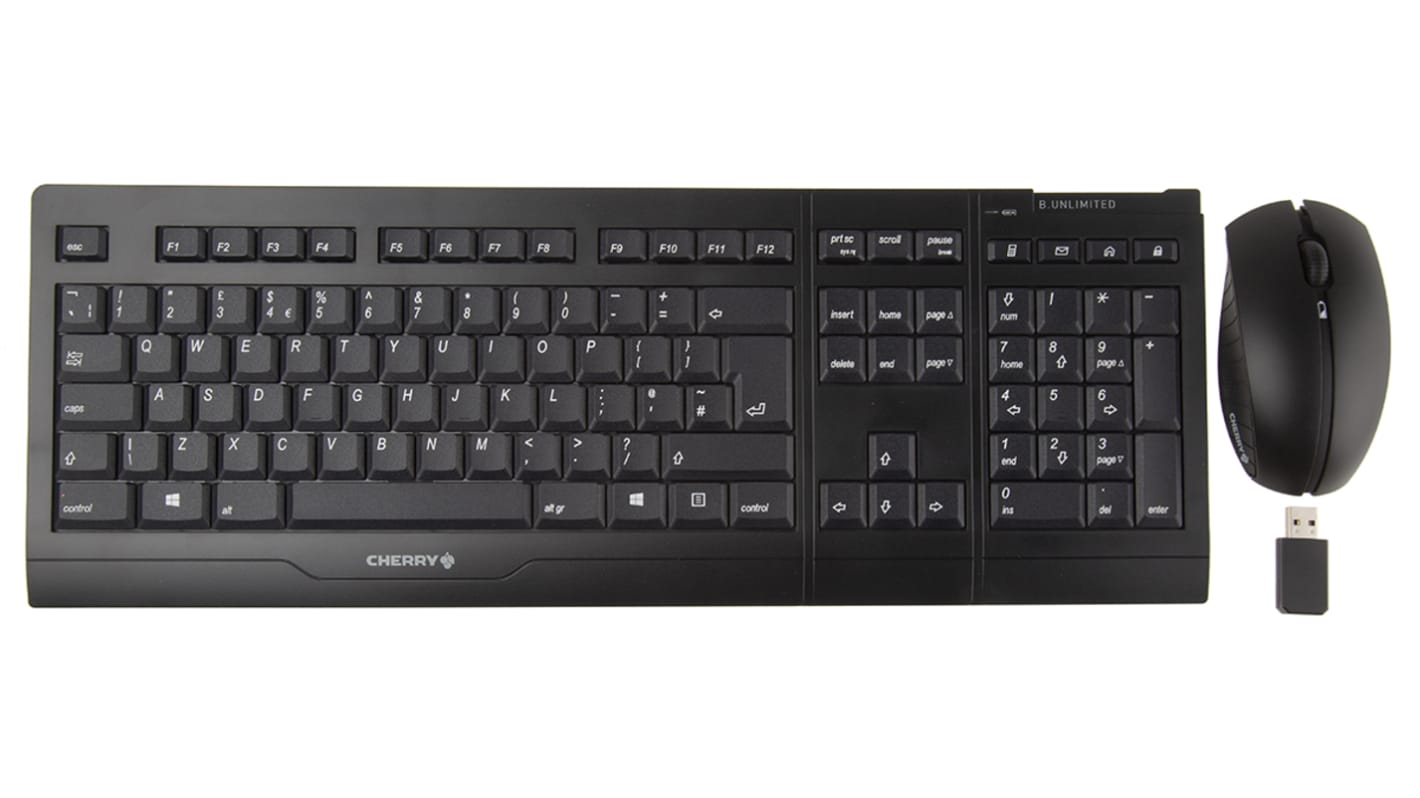 Sada klávesnice a myši, Černá Bezdrátová QWERTY (Velká Británie) Standardní, USB Cherry