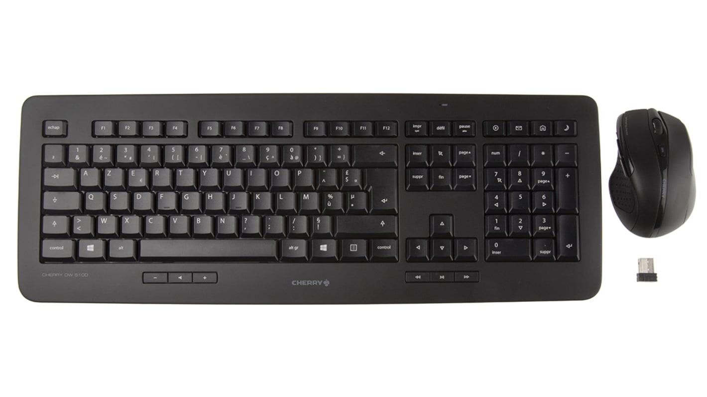 Juego de teclado y ratón Cherry JD-0520FR-2, Negro, Inalámbrico, AZERTY (Francia), Estándar, USB