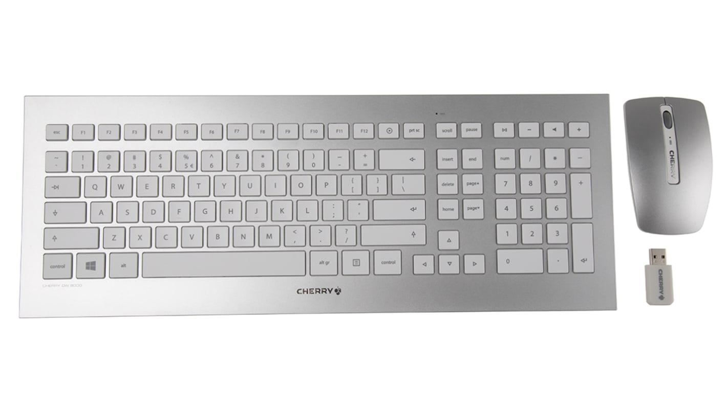 CHERRY, QWERTY Tastatur- og musesæt, Standard, Trådløst udstyr, USB, Sølv