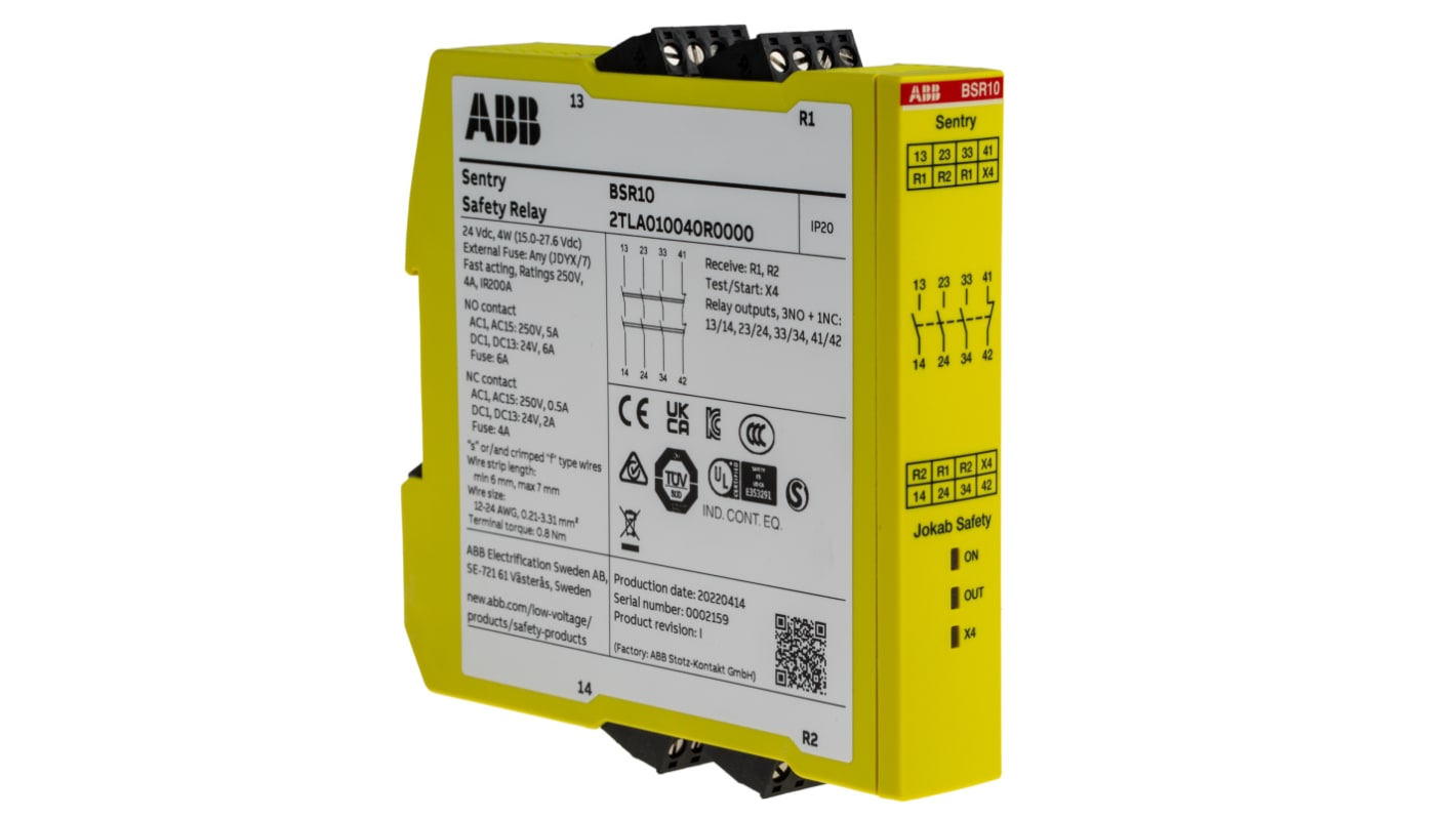 ABB Jokab BSR10 Sicherheitsrelais, 24V dc, 1-Kanal, 4 Sicherheitskontakte Not-Aus, 3 Hilfsschalter, 4 ISO 13849-1,