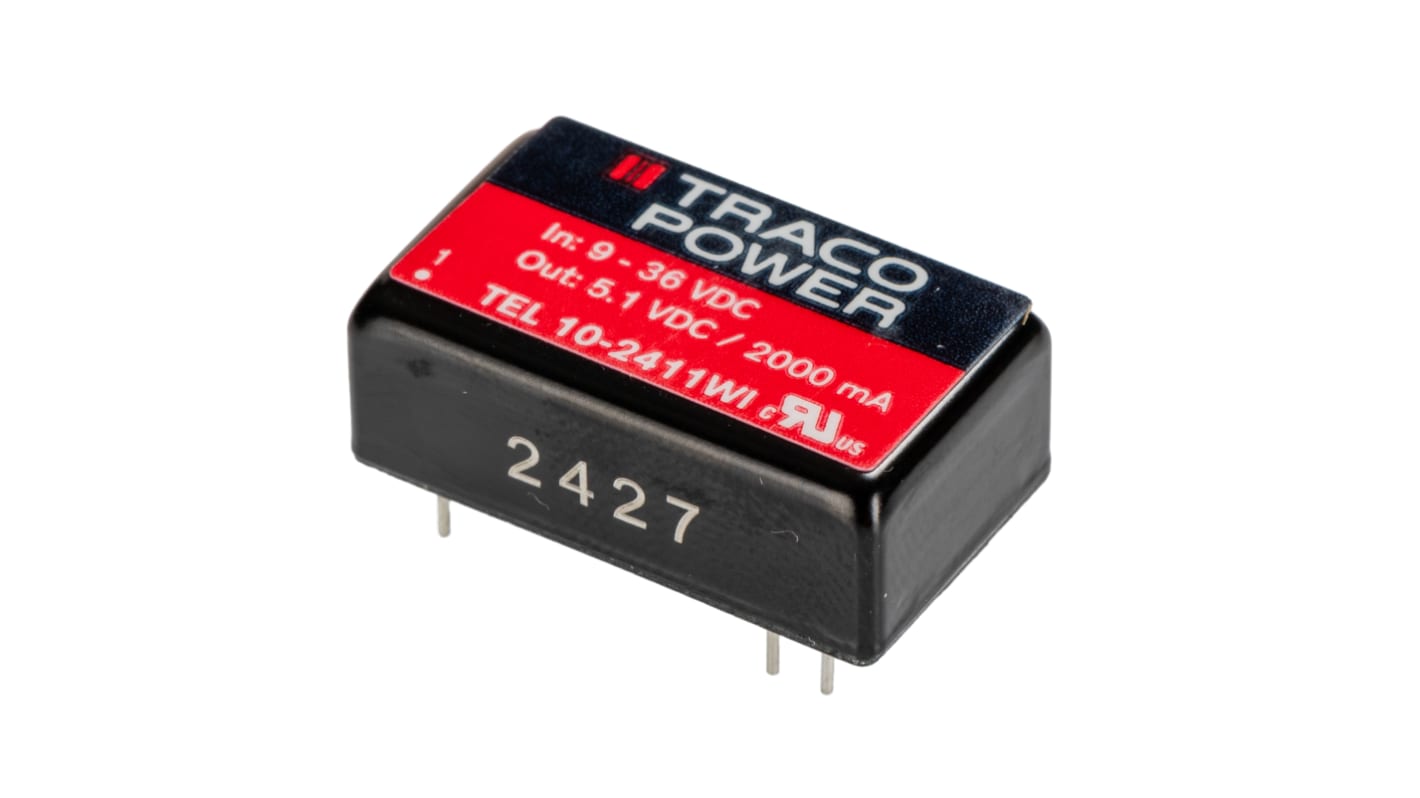 TRACOPOWER TEL 10WI DC-DC Converter, 5V dc/ 2A Output, 9 → 36 V dc Input, 10W, Through Hole, +80°C Max Temp