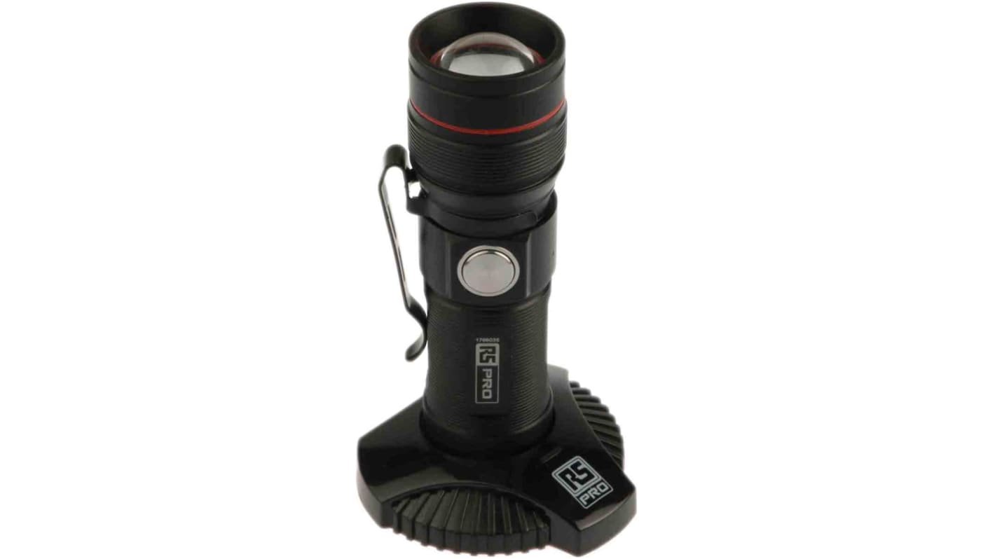 RS PRO LED Pocket Torch Black - Rechargeable 300 lm, 93 mm
