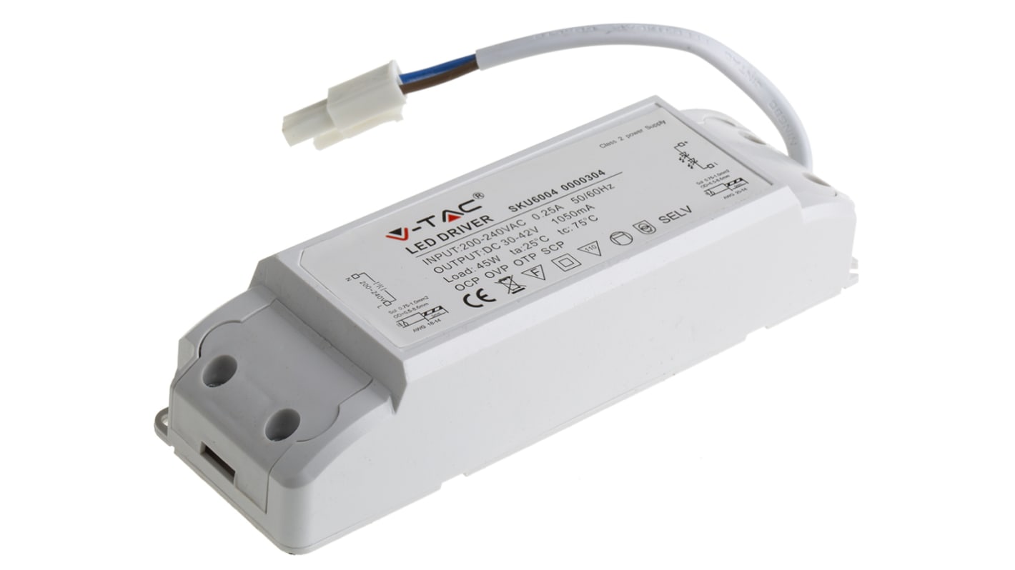 Driver LED corriente constante RS PRO, IN: 200 → 240 V ac, OUT: 30 → 42V, 1.05A, 45W, IP20