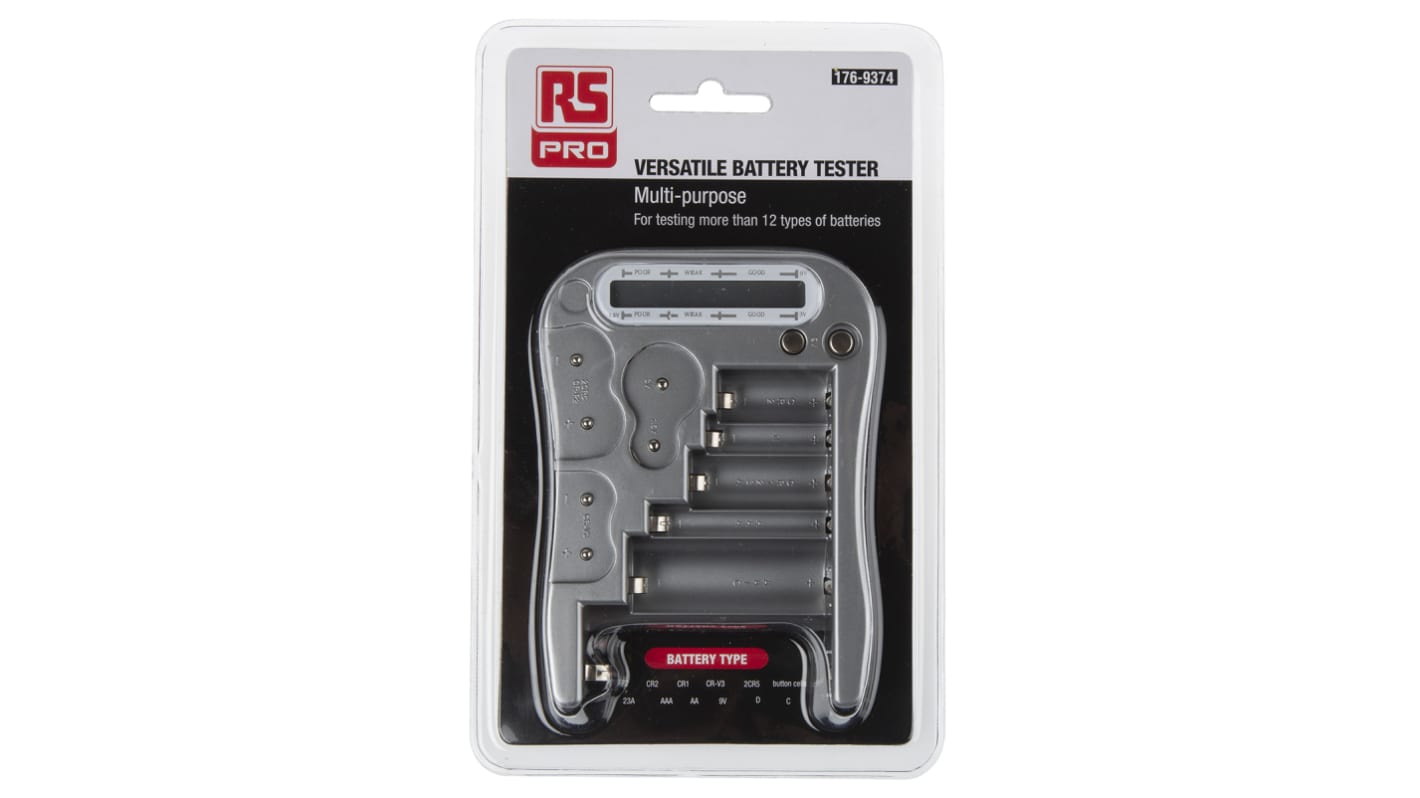 RS PRO Batterietester für 2CR5, 9V, AA, AAA, C, CR123A, CR2, CRP2, CRV3, D Alkaline, NiMH Akkus/Batterien