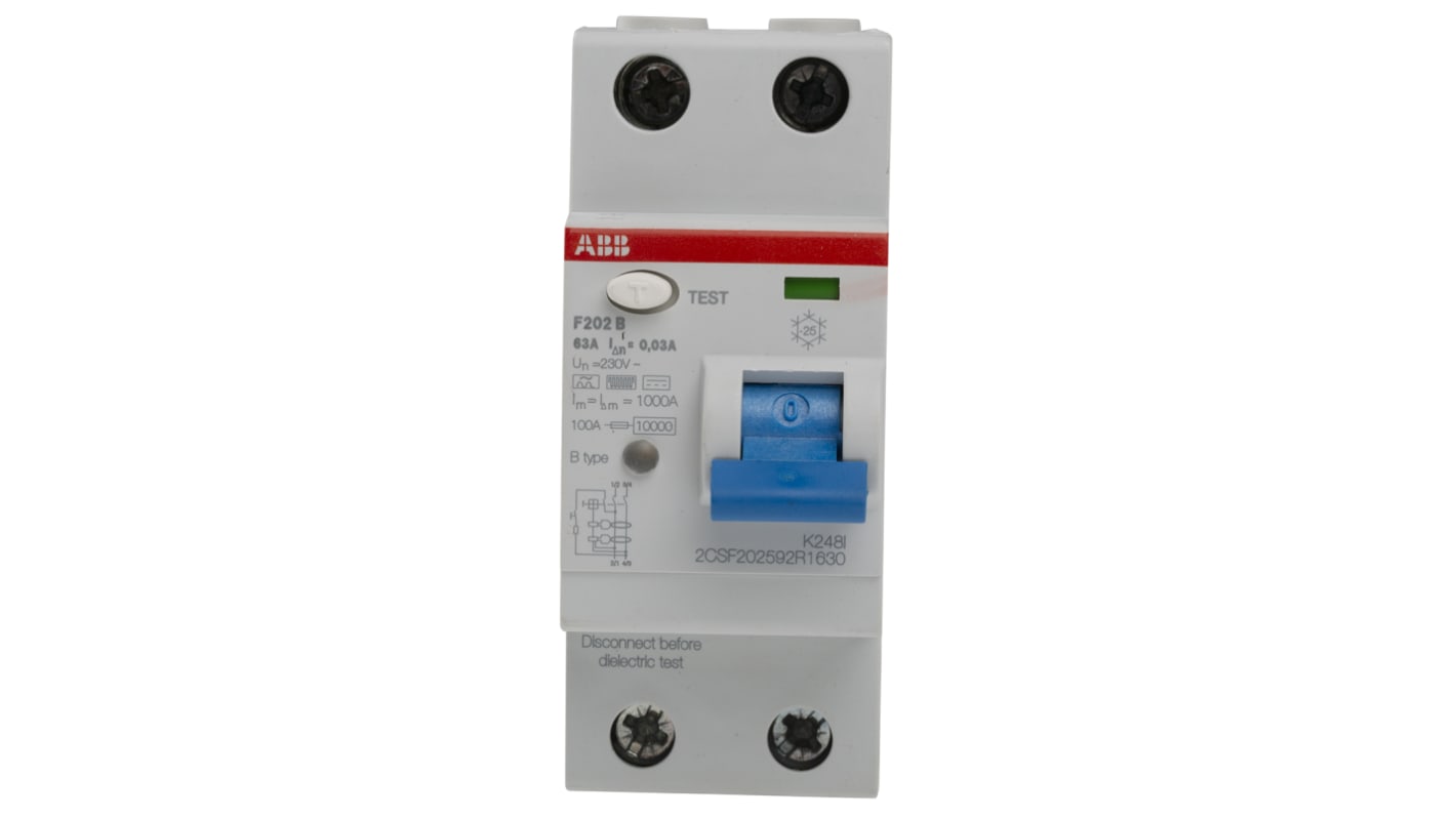 ABB F200 RCCB, 63A, 2 Pole, 30mA, Type B, 230V