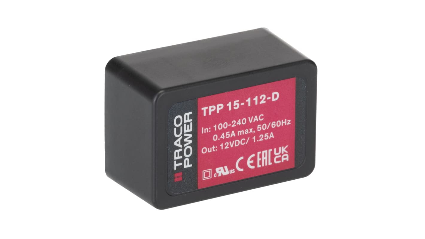 TRACOPOWER Switching Power Supply, TPP 15-112-D, 12V dc, 1.25A, 15W, 1 Output, 120 → 370 V dc, 85 → 264 V