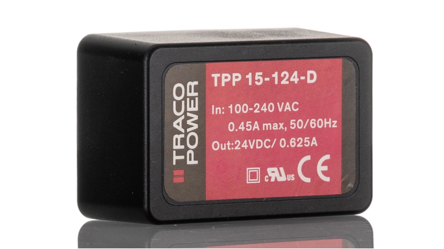 TRACOPOWER Switching Power Supply, TPP 15-124-D, 24V dc, 625mA, 15W, 1 Output, 120 → 370 V dc, 85 → 264 V