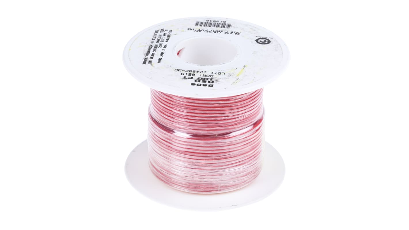 Alpha Wire 红色电线, 0.62 mm², 30m长, 20 AWG, 600 V, 最高+200°C, PTFE绝缘, Hook-up Wire TEFLON系列