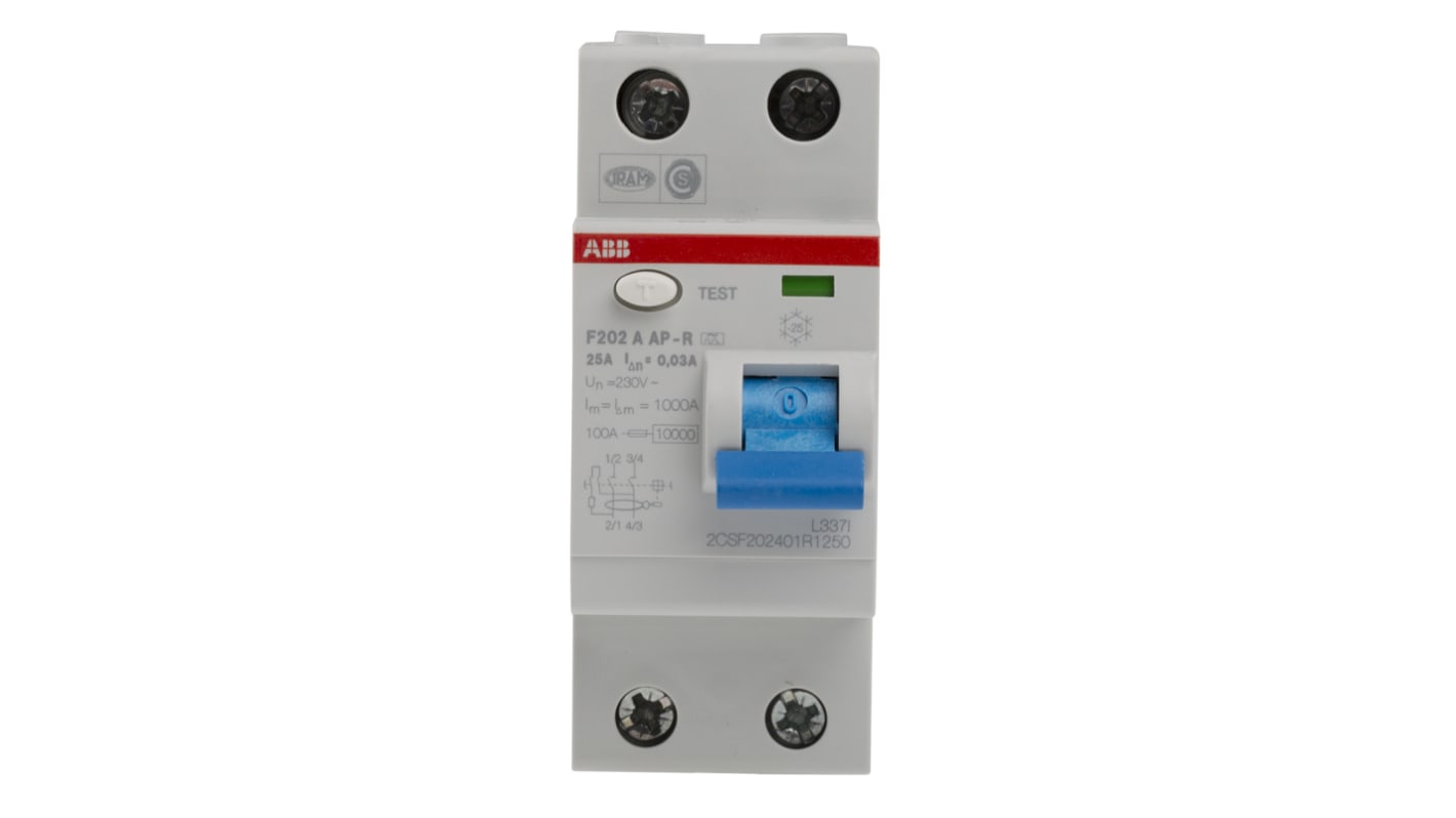 ABB F200 RCCB, 25A, 2 Pole, 30mA, Type A, 230/400V ac