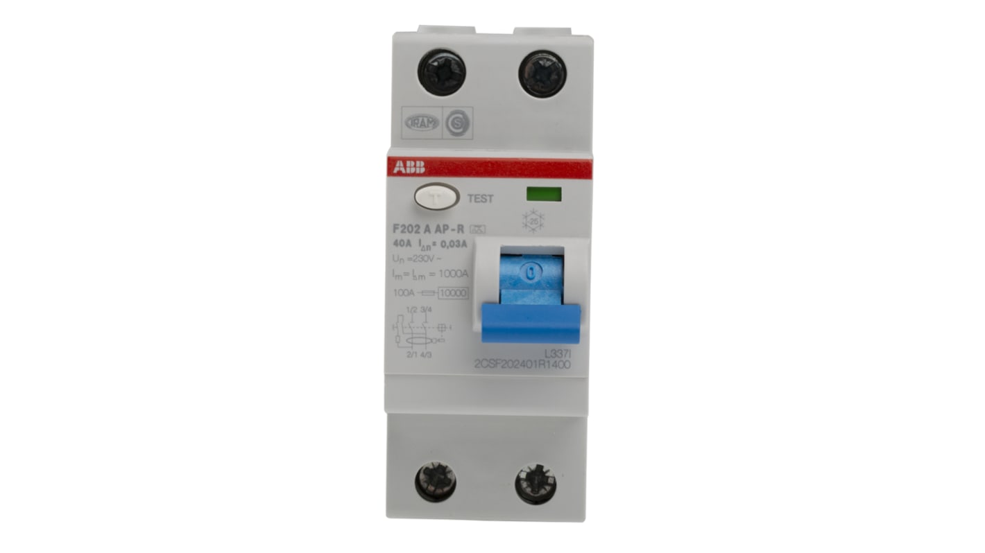 ABB F200 RCCB, 40A, 2 Pole, 30mA, Type A, 230/400V ac