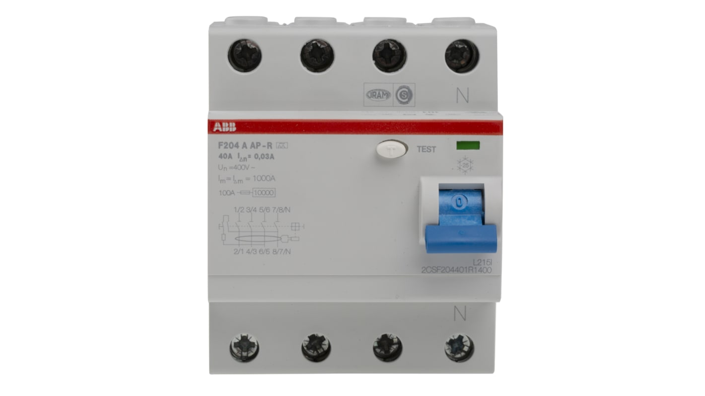 ABB F200 RCCB, 40A, 4 Pole, 30mA, Type A, 230/400V ac