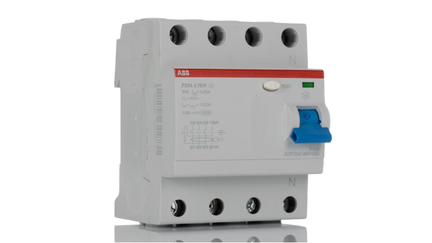 ABB F200 RCCB, 4-polig, 63A, 30mA Typ A CE 110V ac