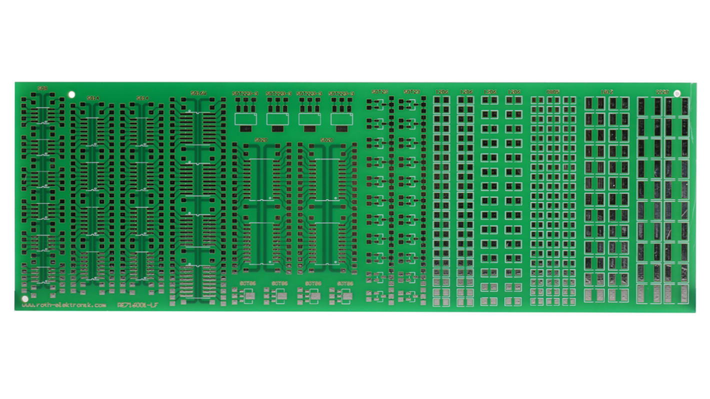 RE716001-LF, Dobbeltsidet Øvelsesprint Til SMD Lodning, FR4, 11 Komponenter, Flere typer Kapslinger, 213 x 72 x 1.5mm