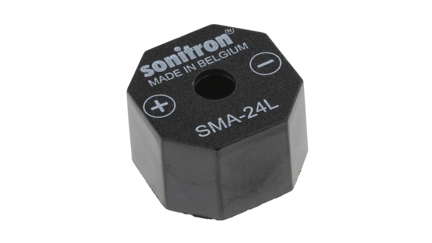 Sonitron 98dB Through Hole Continuous Internal Piezo Buzzer, 24 x 24 x 15.5mm, 1.5V dc Min, 15V dc Max