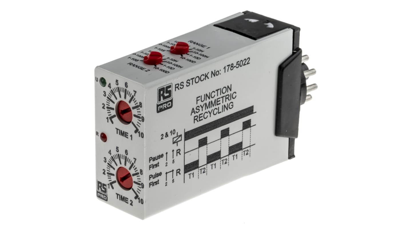 RS PRO Plug In Timer Relay, 12 → 240V ac/dc, 0.1 s → 100days, 2-Function, DPDT