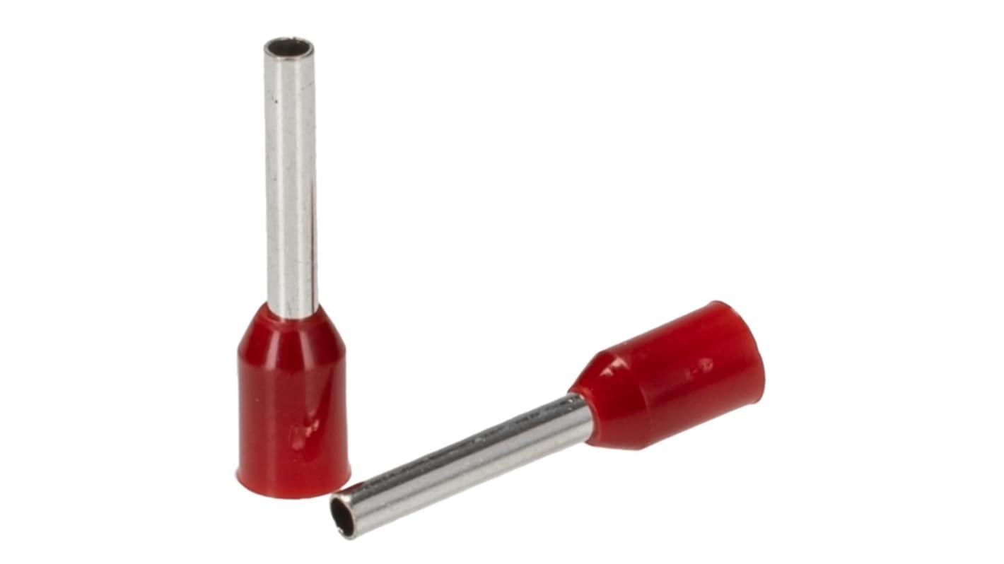 RS PRO Insulated Crimp Bootlace Ferrule, 10mm Pin Length, 1.4mm Pin Diameter, 1mm² Wire Size, Red