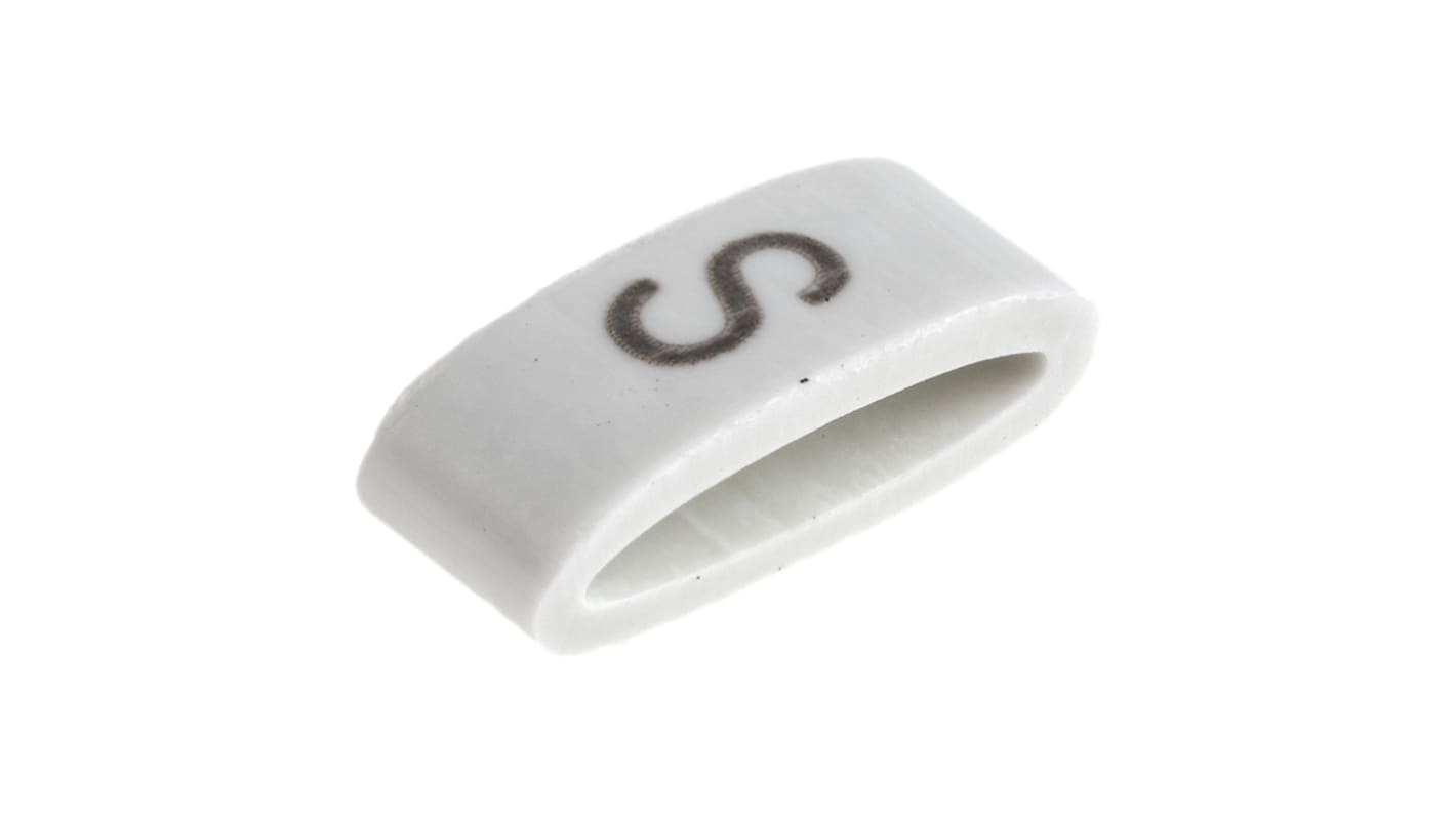 HellermannTyton HODS85 Slide On Cable Markers, Black on White, Pre-printed "S", 1.8 → 6.3mm Cable