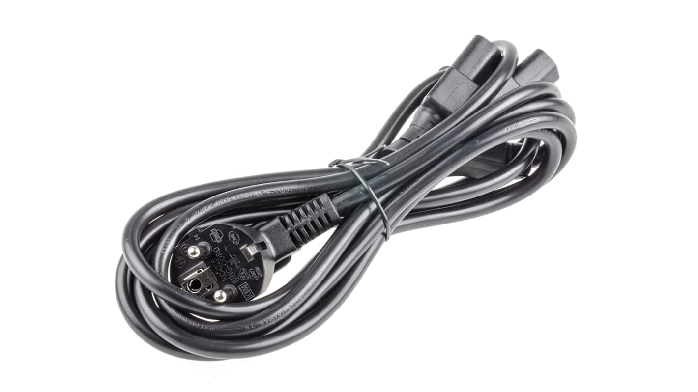 RS PRO Konfektioniertes Stromkabel, A IEC C13 x 2 / Buchse gerade, B CEE 7/7 / Stecker abgewinkelt, 10 A, 2.5m Schwarz,