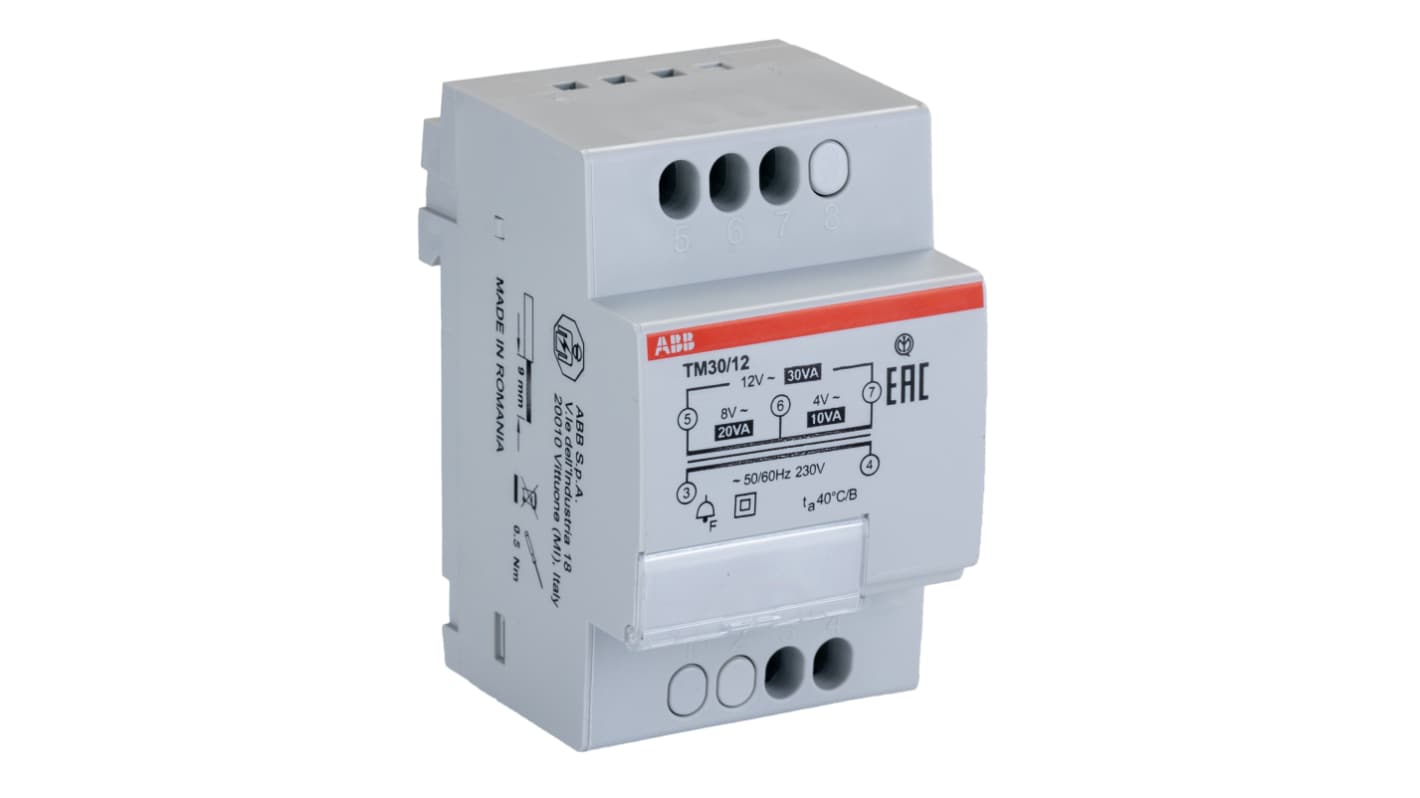 Transformator do montażu na szynie DIN 30W, 4 V ac, 8 V ac, 12 V ac
