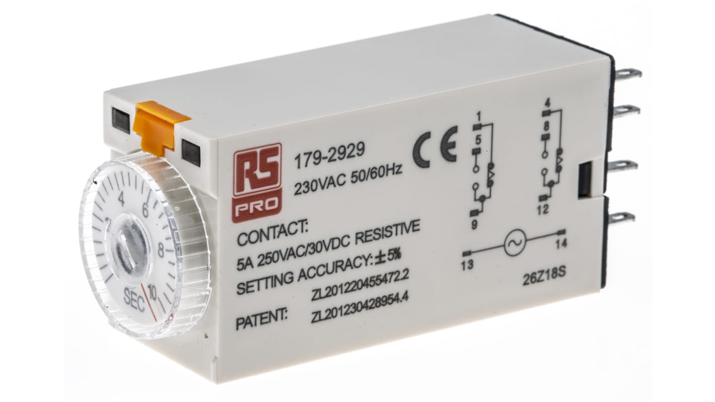 RS PRO Plug In Timer Relay, 230V ac, 2-Contact, 0.5 → 10s, 1-Function, DPDT