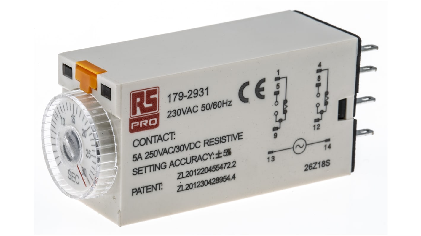 RS PRO 通电延时时间继电器, 230V 交流电源, 1 → 30s范围, 2触点