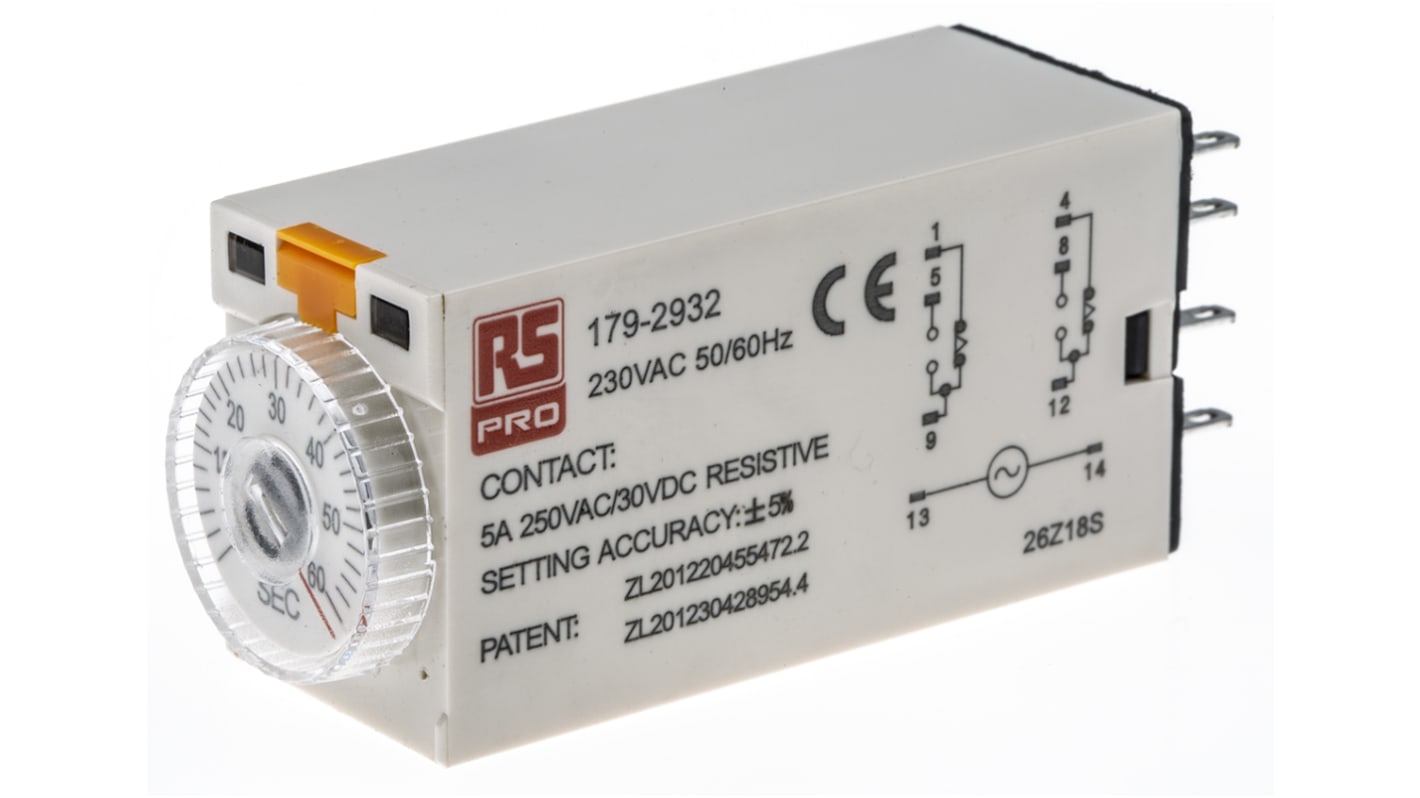 RS PRO Zeitrelais, Steckanschluss , 2 → 60s, 230V ac, 2 Kont. Einfach, 2-poliger Wechsler