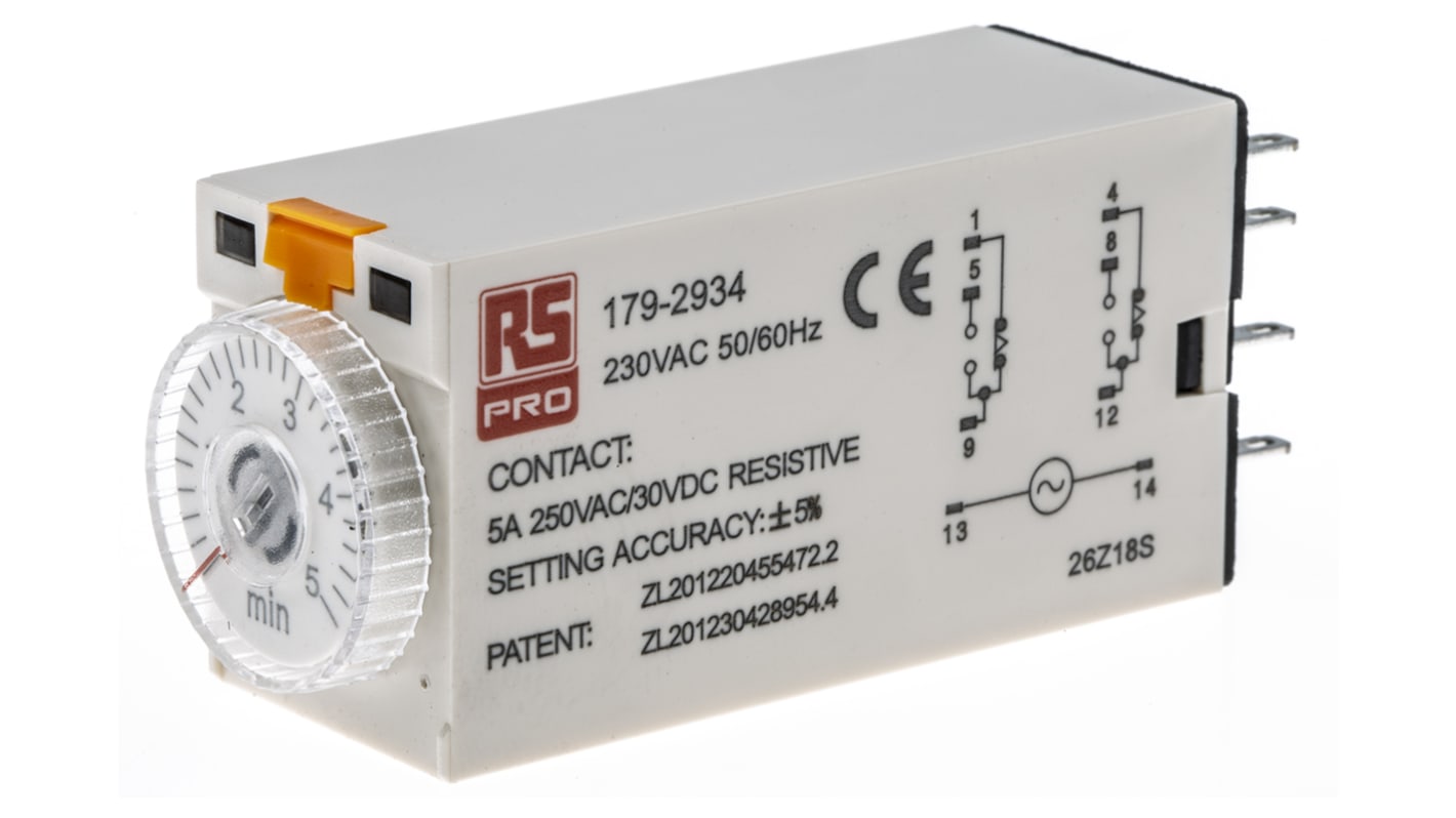 RS PRO 通电延时时间继电器, 230V 交流电源, 0.2 → 5min范围, 2触点