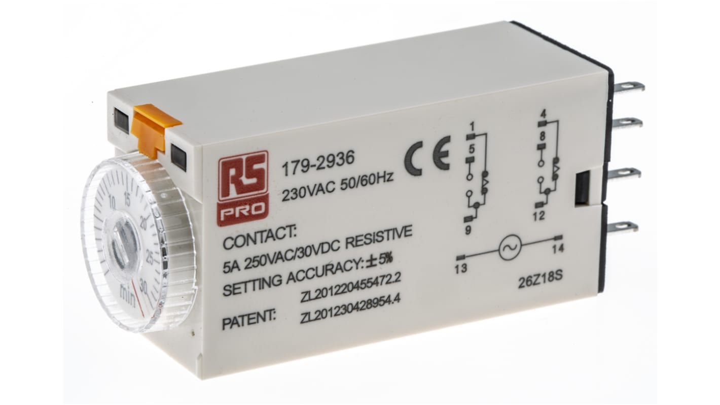 RS PRO Plug In Timer Relay, 230V ac, 2-Contact, 1 → 30min, 1-Function, DPDT
