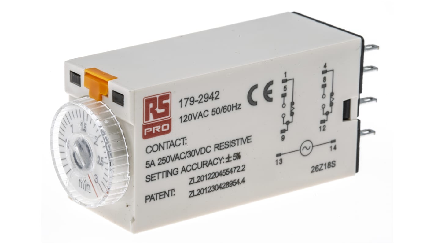 RS PRO 通电延时时间继电器, 110V 交流电源, 0.1 → 3min范围, 2触点