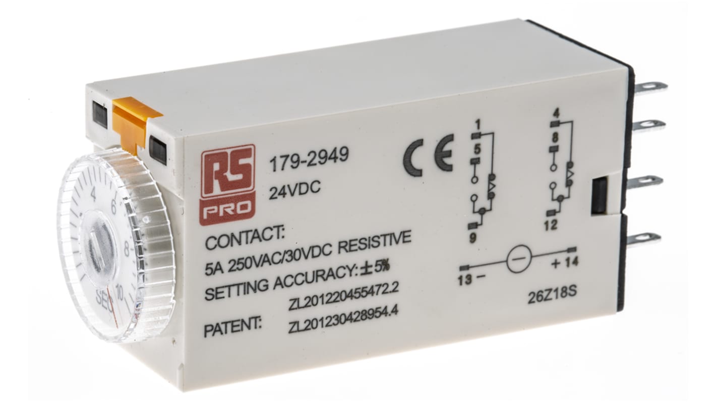 RS PRO シングル タイマーリレー, 0.5 → 10s, 24V dc, DPDT, プラグイン