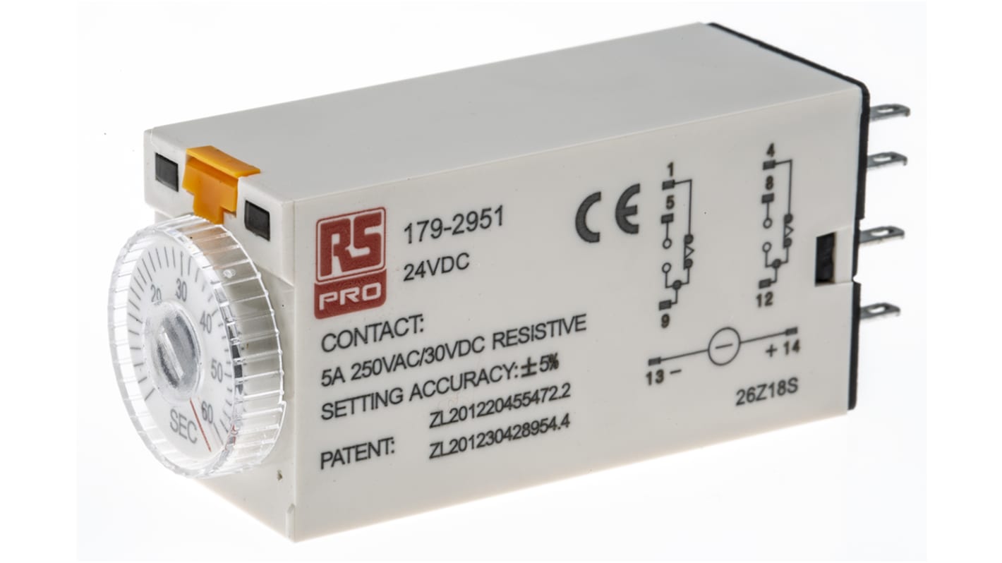 Timer Relay RS PRO, intervallo 2 → 60s, 2 poli, DPDT, A innesto