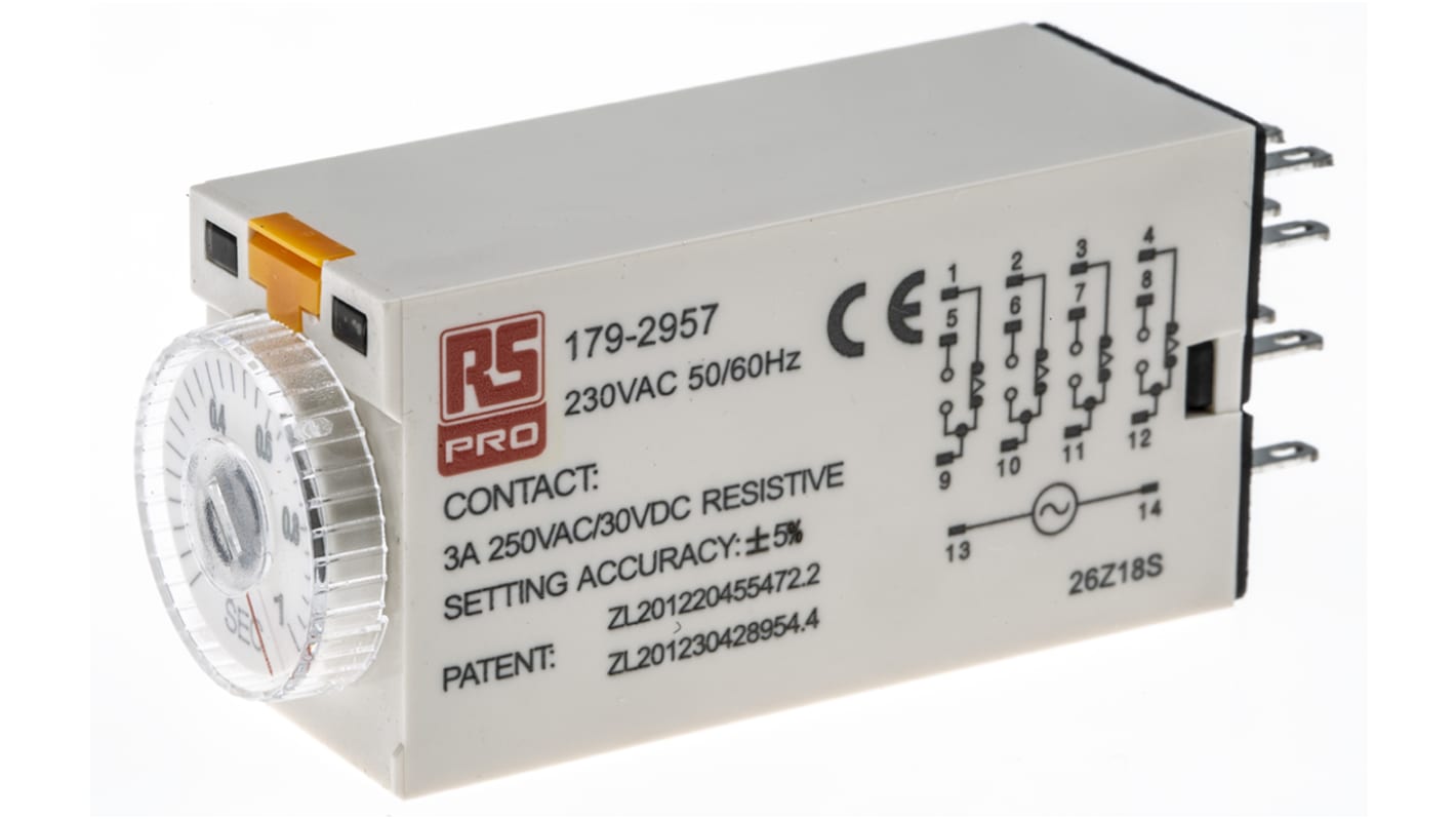 RS PRO シングル タイマーリレー, 0.1 → 1s, 230V ac, 4PDT, プラグイン