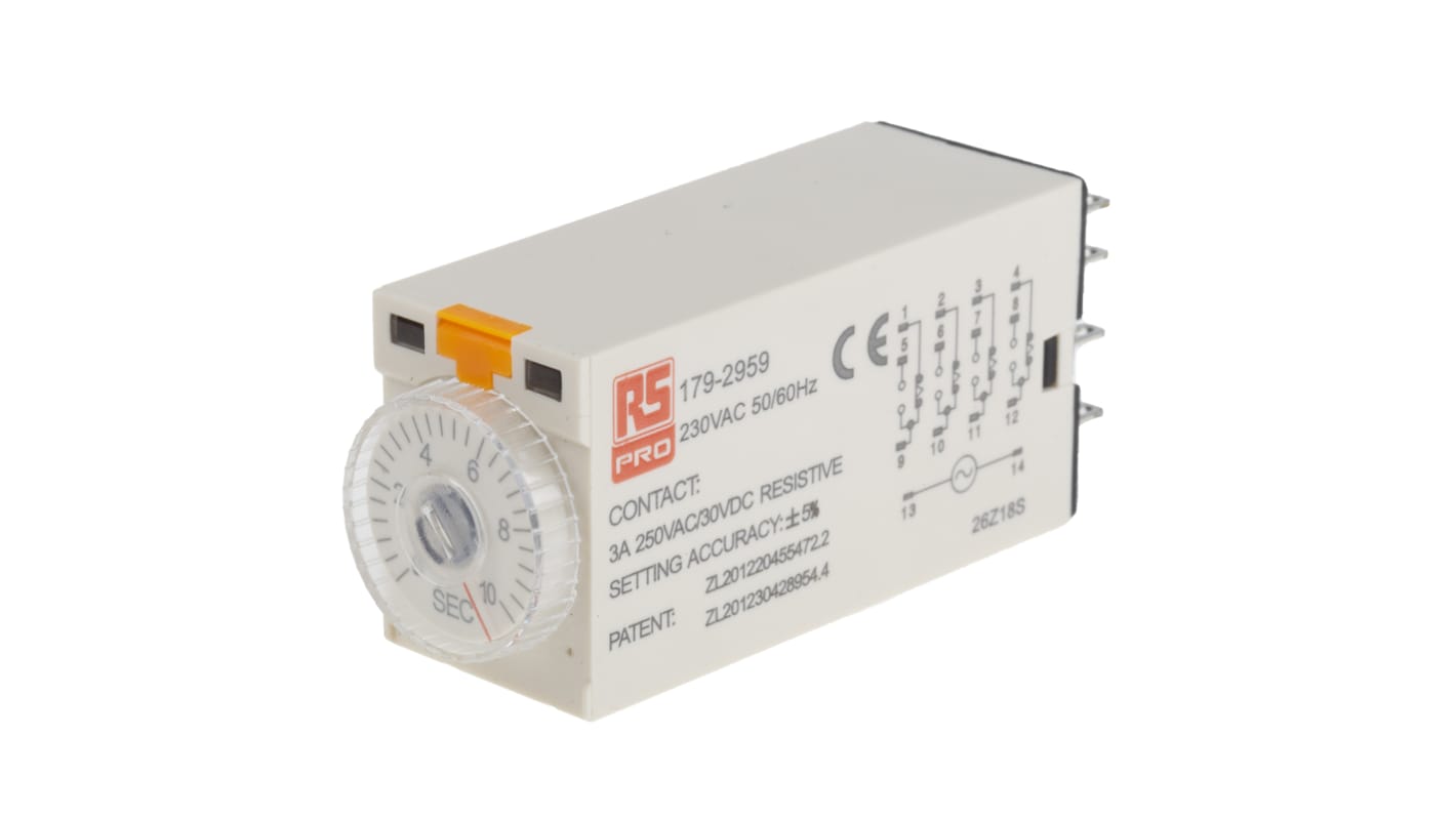 RS PRO Plug In Timer Relay, 230V ac, 4-Contact, 0.5 → 10s, 1-Function, 4PDT