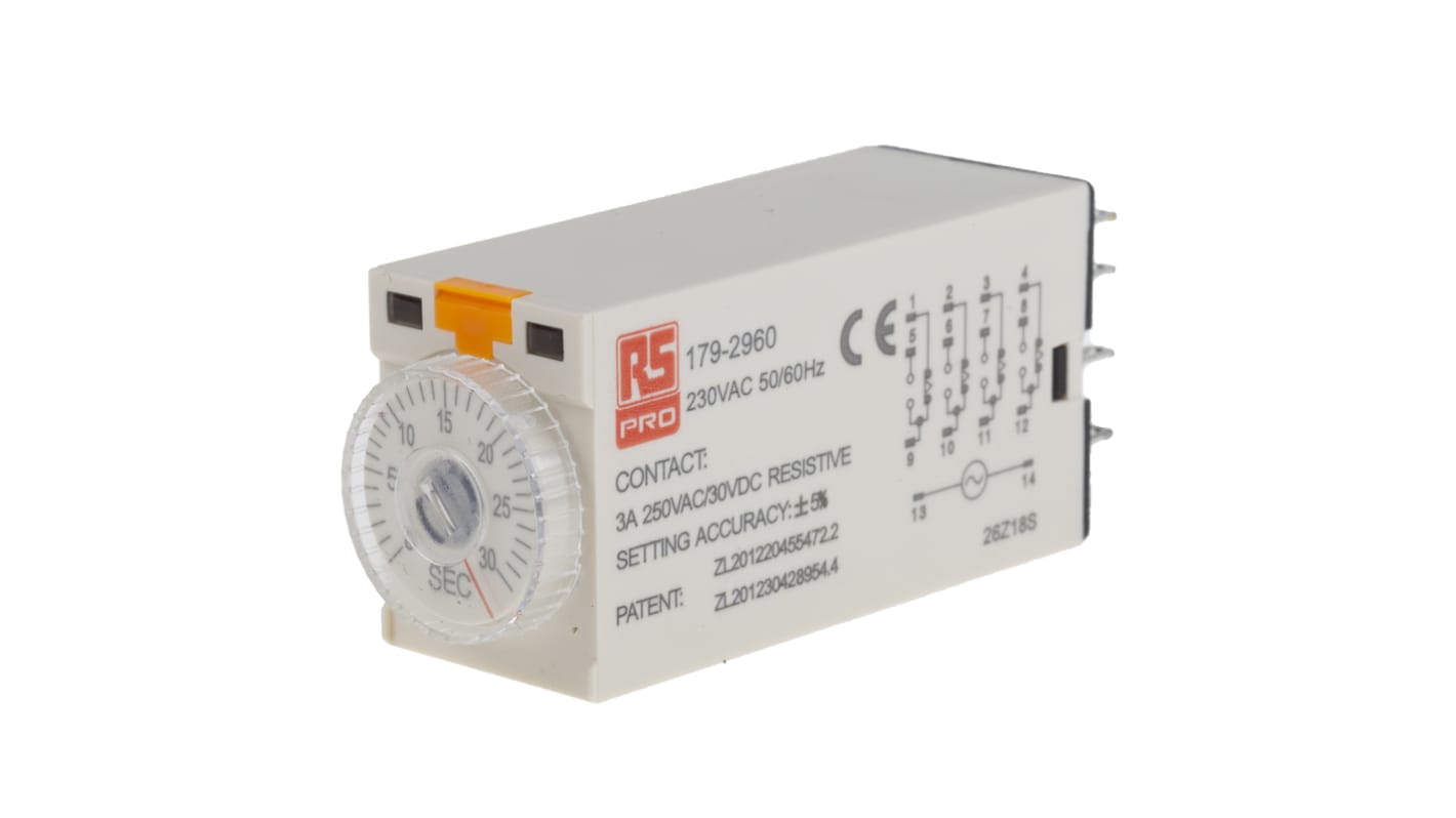 RS PRO Plug In Timer Relay, 230V ac, 4-Contact, 1 → 30s, 1-Function, 4PDT