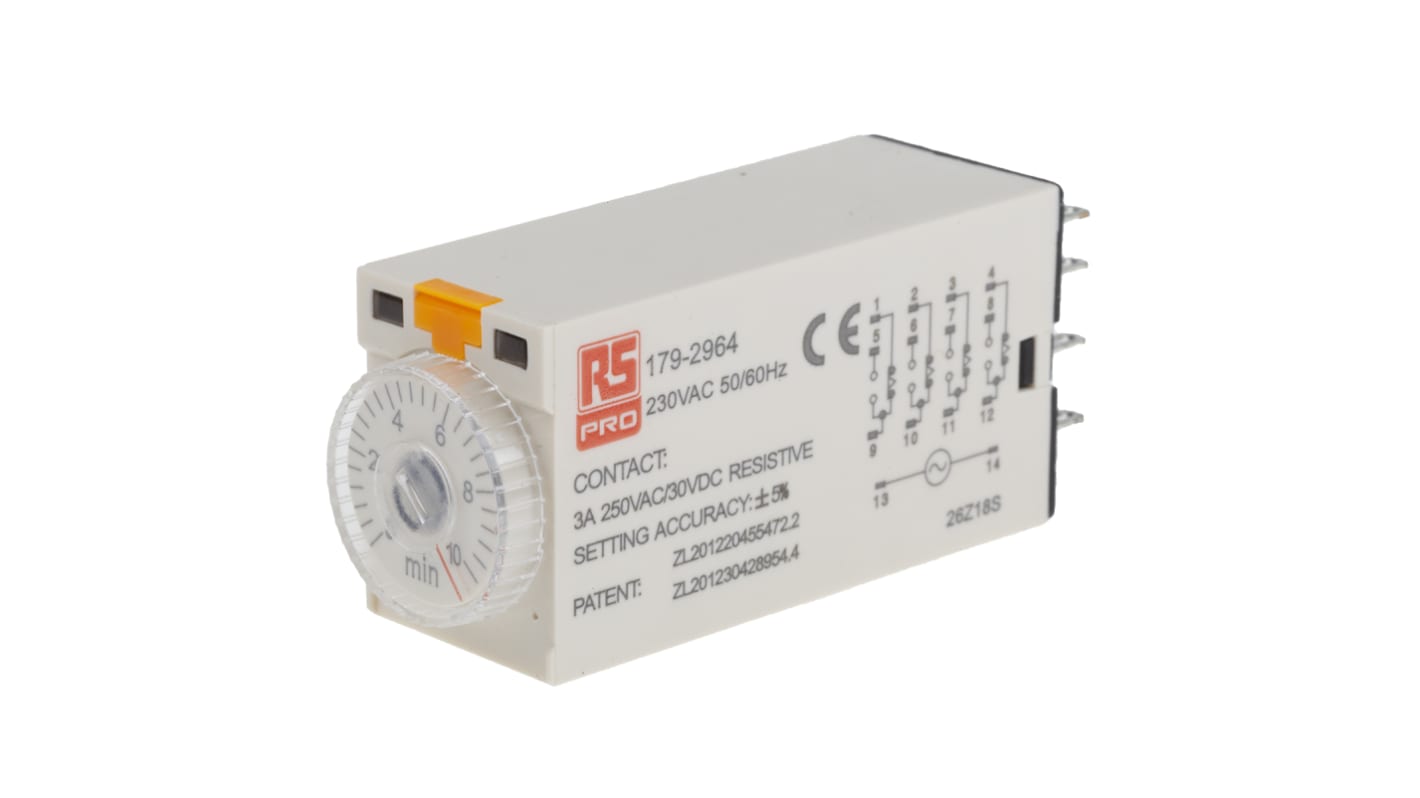RS PRO 通电延时时间继电器, 230V 交流电源, 0.5 → 10min范围, 4触点