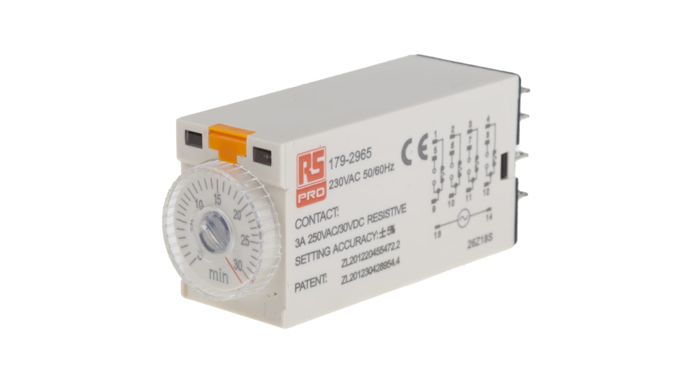 RS PRO Zeitrelais, Steckanschluss , 1 → 30min, 230V ac, 4 Kont. Einfach, 4-poliger Wechsler