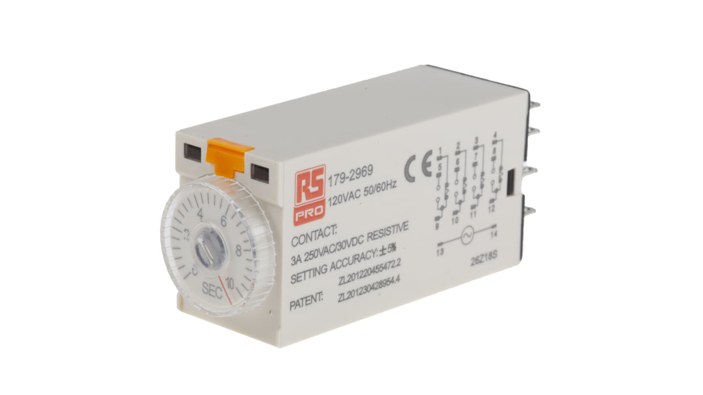Timer Relay RS PRO, intervallo 0.5 → 10s, 4 poli, 4PDT, A innesto