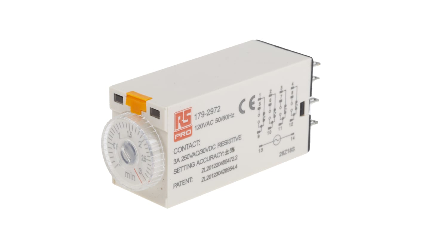 RS PRO 通电延时时间继电器, 110V 交流电源, 0.1 → 3min范围, 4触点
